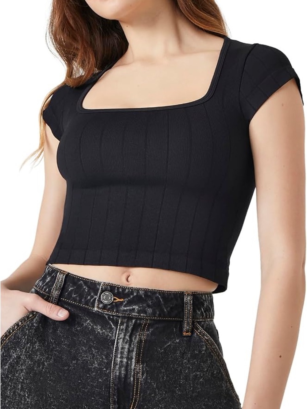 Forever 21 Black Square-Neck Ribbed Crop Top